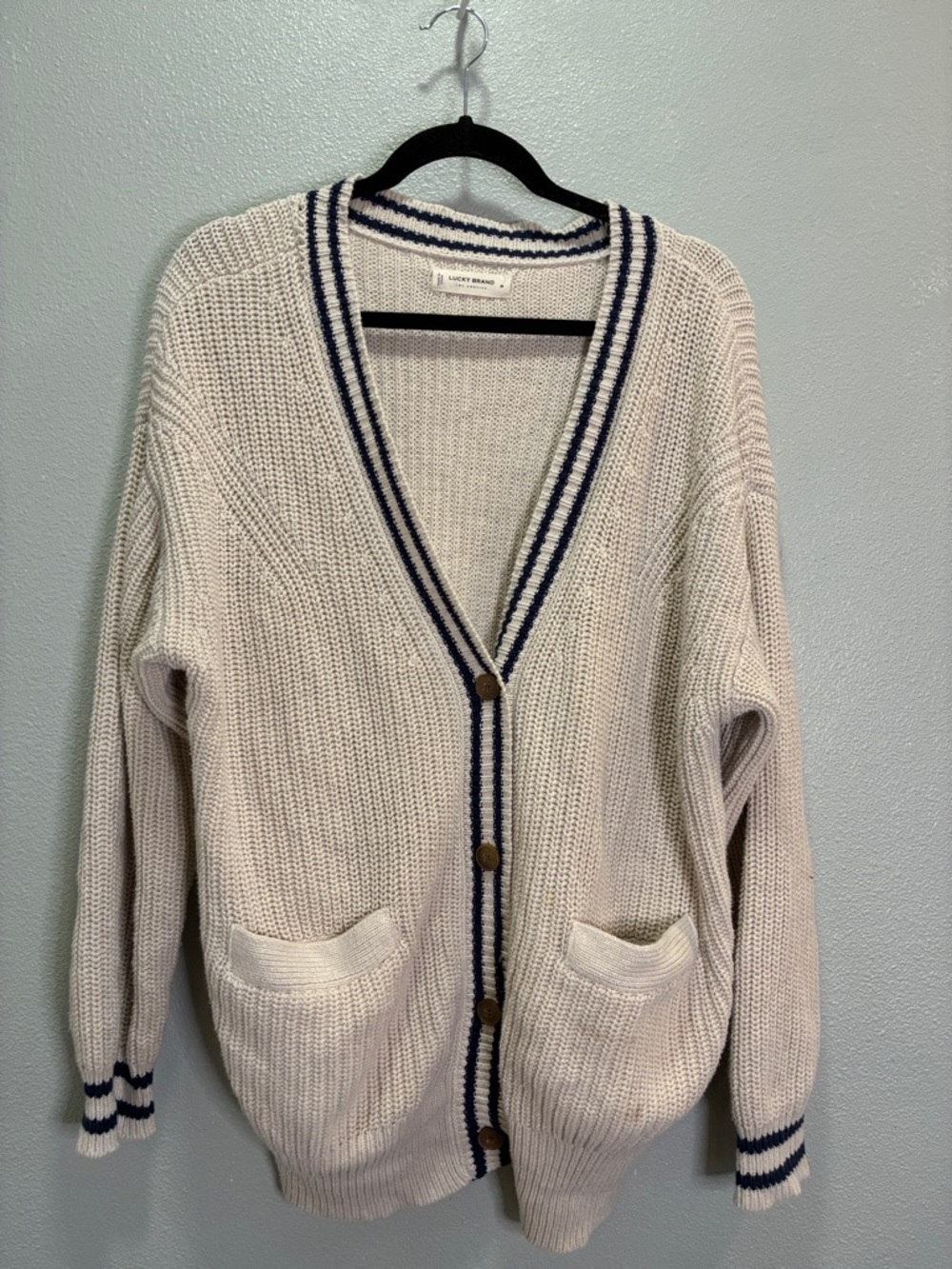 Lucky Brand Chunky Knit Cardigan Cream Navy Stripe Cozy Grandpa Preppy Women’s M
